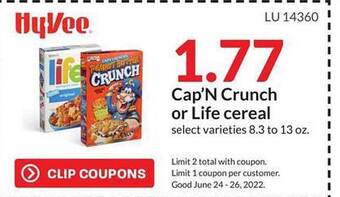 Hy-Vee Cap'n Crunch Or Life Cereal offer
