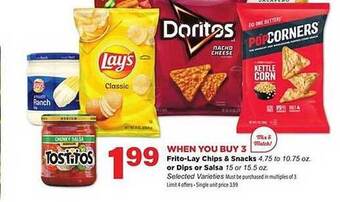 Stater Bros Fritolay Chips & Snacks Or Dips Or Salsa offer