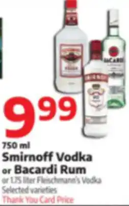 750ml Smirnoff Vodka or Bacardi Rum 1.75 Liter