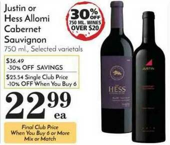 Pavilions Justin Or Hess Allomi Cabernet Sauvignon offer