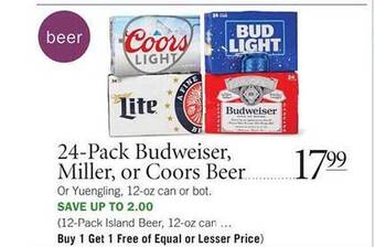 Publix 24-pack Budweiser, Miller, Or Coors Beer offer