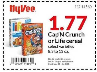 Hy-Vee Cap'n Crunch Or Life Cereal offer