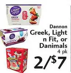 Sunset Foods Dannon Greek, Light N Fit Or Danimals offer