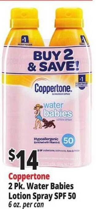 Ocean State Job Lot Coppertone 2 Pk. Water Babies Lotion Spray Spf 50 offer