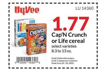 Hy-Vee Cap'n Crunch Or Life Cereal offer