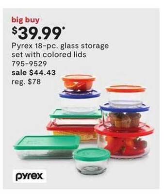 JC Penney Pyrex 18-pc Glass Storage Set With Colored Lids offer