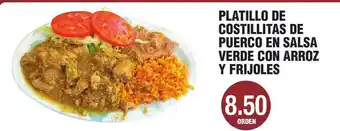 Carnicerias Jimenez Platillo De Costilliatas De Puerco En Salsa Verde Con Arroz Y Frijoles offer