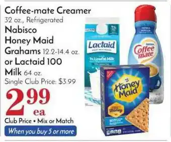 Pavilions Coffee-mate Creamer, Nabisco Honey Maid Graham, Lactaid 100 Milk offer