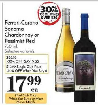 Pavilions Ferrari-carano Sonoma Chardonnay Or Pessimist Red offer