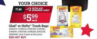 Ace Hardware Glad Or Hefty Trash Bags offer