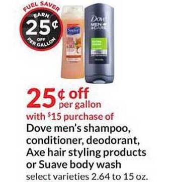 Hy-Vee Dove Men's Shampoo, Conditioner, Deodorant, Axe Hair Styling Products Or Suave Body Wash offer