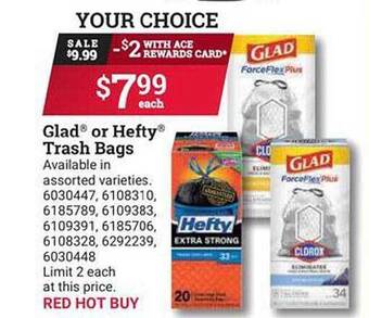 Ace Hardware Glad Or Hefty Trash Bags offer
