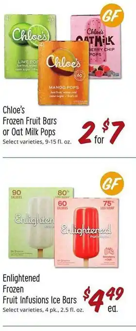 Sprouts Farmers Market Chloe's Frozen Fruit Bars Or Oat Milk Pops, Enlightened Frozen Fruit Infusions Ice Bars offer