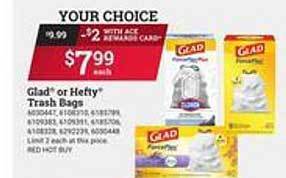 Ace Hardware Glad Or Hefty Trash Bags offer