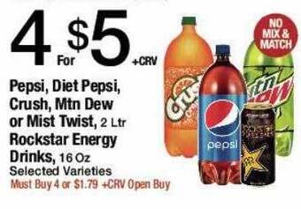 Jons International Pepsi, Diet Pepsi, Crush, Mtn Dew Or Mist Twist, Rockstar Energy Drinks offer