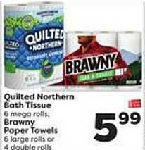 Weis Markets Quilted Northern Bath Tissue, Brawny Paper Towels offer