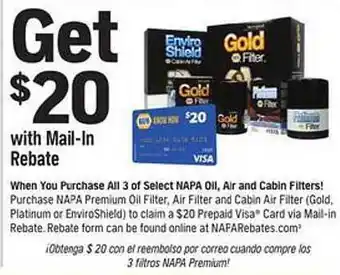 Napa 3 Of Select Napa Oil, Air And Cabin Filters offer