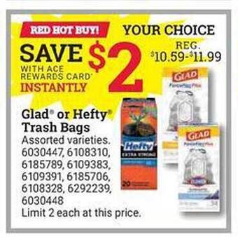 Ace Hardware Glad Or Hefty Trash Bags offer