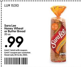 Hy-Vee Sara Lee Honey Wheat Or Butter Bread offer