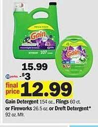 Meijer Gain Detergent, Flings, Or Fireworks Or Dreft Detergent offer