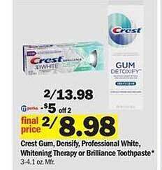 Meijer Crest Gum, Densify, Professional White, Whitening Therapy Or Brilliance Toothpaste offer