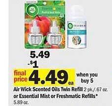 Meijer Air Wick Scented Oils Twin Refill Or Essential Mist Or Freshmatic Refills offer