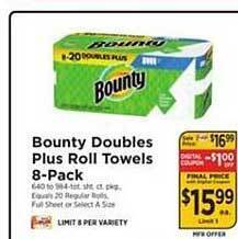 ShopRite Bounty Doubles Plus Roll Towels 8-pack offer