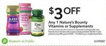 Publix Any 1 Nature's Bounty Vitamins Or Supplements offer