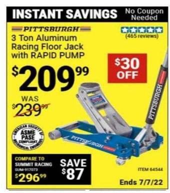 Harbor Freight Tools Pittsburgh 3 Ton Aluminium Racing Floor Jack With Rapid Pump offer