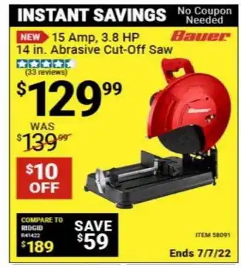 Harbor Freight Tools Bauer 15 Amp, 3.8 HP 14 In. Abrasive Cut-Off Saw offer