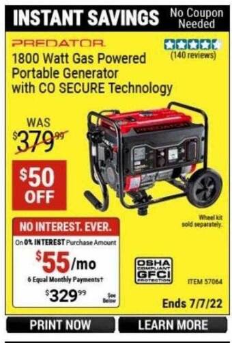 Harbor Freight Tools Predator 1800 Watt Gas Powered Portable Generator With Co Secure Technology offer