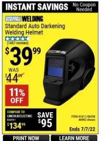 Harbor Freight Tools Chicago Electric Standard Auto Darkening Welding Helmet offer