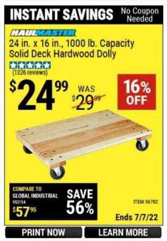 Harbor Freight Tools Haulmaster 24 In. X 16 In., 1000 Lb. Capacity Solid Deck Hardwood Dolly offer