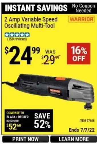 Harbor Freight Tools Warrior 2 Amp Variable Speed Oscillating Multi-Tool offer