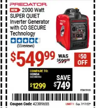 Harbor Freight Tools Predator 2000 Wat Super Quiet Inverter Generator With Co Secure Technology offer