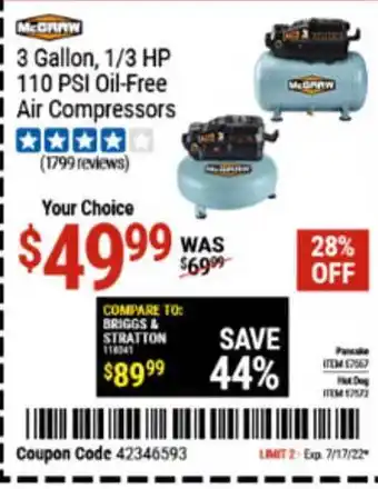 Harbor Freight Tools 3 Gallon 1 3 Hp 110 Psi Oil-free Air Compressors offer
