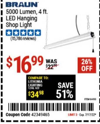 Harbor Freight Tools Braun 5000 Lumen 4 Ft Led Hanging Shop Light offer