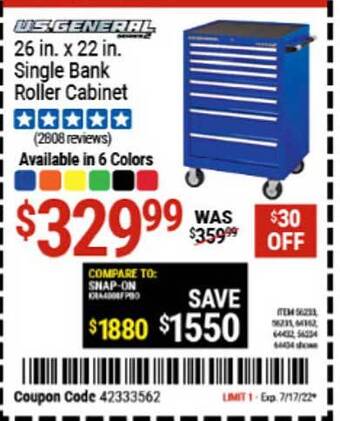 Harbor Freight Tools Us General 26 In X 22 In Single Bank Roller Cabinet offer