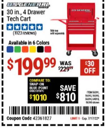 Harbor Freight Tools Us General 30 In 4 Drawer Tech Cart offer