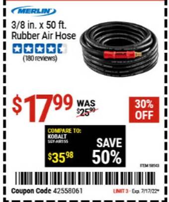 Harbor Freight Tools Merlin 3 8 In X 50 Ft Rubber Air Hose offer