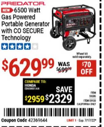 Harbor Freight Tools Predator 6500 Watt Gas Powered Portable Generator With Co Secure Technology offer