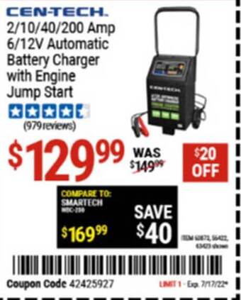 Harbor Freight Tools Cen-tech 2 10 40 200 Amp 6 12v Automatic Battery Charger With Engine Jump Start offer