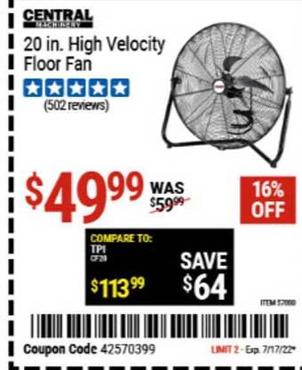 Harbor Freight Tools Central 20 In High Velocity Floor Fan offer