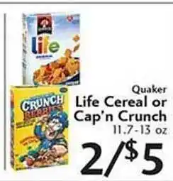 Sunset Foods Quaker Life Cereal Or Cap'n Crunch offer