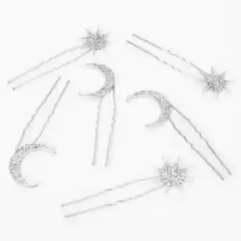 Claire's Celestial crystal hair pins - silver, 6 pack offer