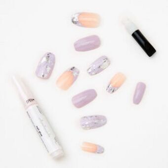 Claire's Lilac marble foil coffin faux nail set - 24 pack offer