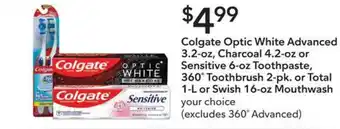 Publix Colgate Optic White Advanced Charcoal Or Sensitive Toothpaste 360° Toothbrush Or Total Or Swish Mouthwash offer