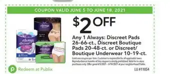 Publix Discreet Pads , Discreet Boutique Pads 20-48 Ct. Or Discreet - Boutique Underwear 10-19-ct. offer