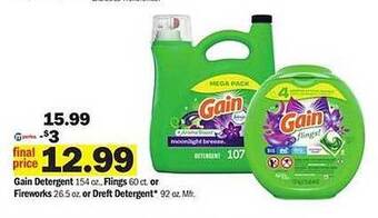 Meijer Gain Detergent, Flings Or Fireworks Or Dreft Detergent offer