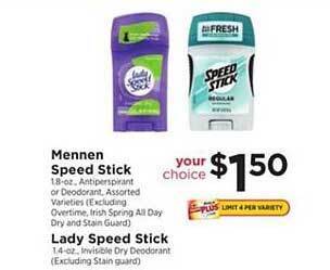 ShopRite Mennen Speed Stick, Lady Speed Stick offer